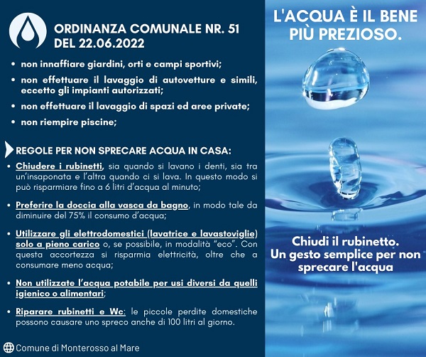 Comune di Monterosso: misure urgenti limitazione usi acqua potabile