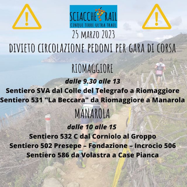 Sciacchetrail: chiusura sentieri Comune di Riomaggiore 