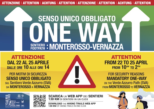 Sentiero Verde Azzurro:  senso unico Monterosso-Vernazza 22-25 aprile 
