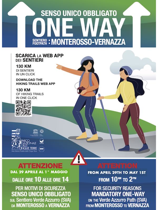 Green Blue Path (Sentiero Verde Azzurro): one-way on the Monterosso-Vernazza stretch from 29 April to 1st May