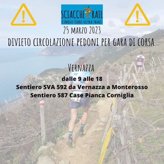 Sciacchetrail: chiusura sentieri Comune di Vernazza