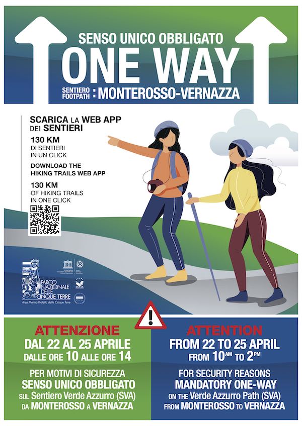 Green Blue Path (Sentiero Verde Azzurro): one-way on the Monterosso-Vernazza stretch during the weekend for the Anniversary of Italy’s Liberation